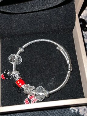 Disney Silver-Tone Cable Bracelet with Red & Clear Charms